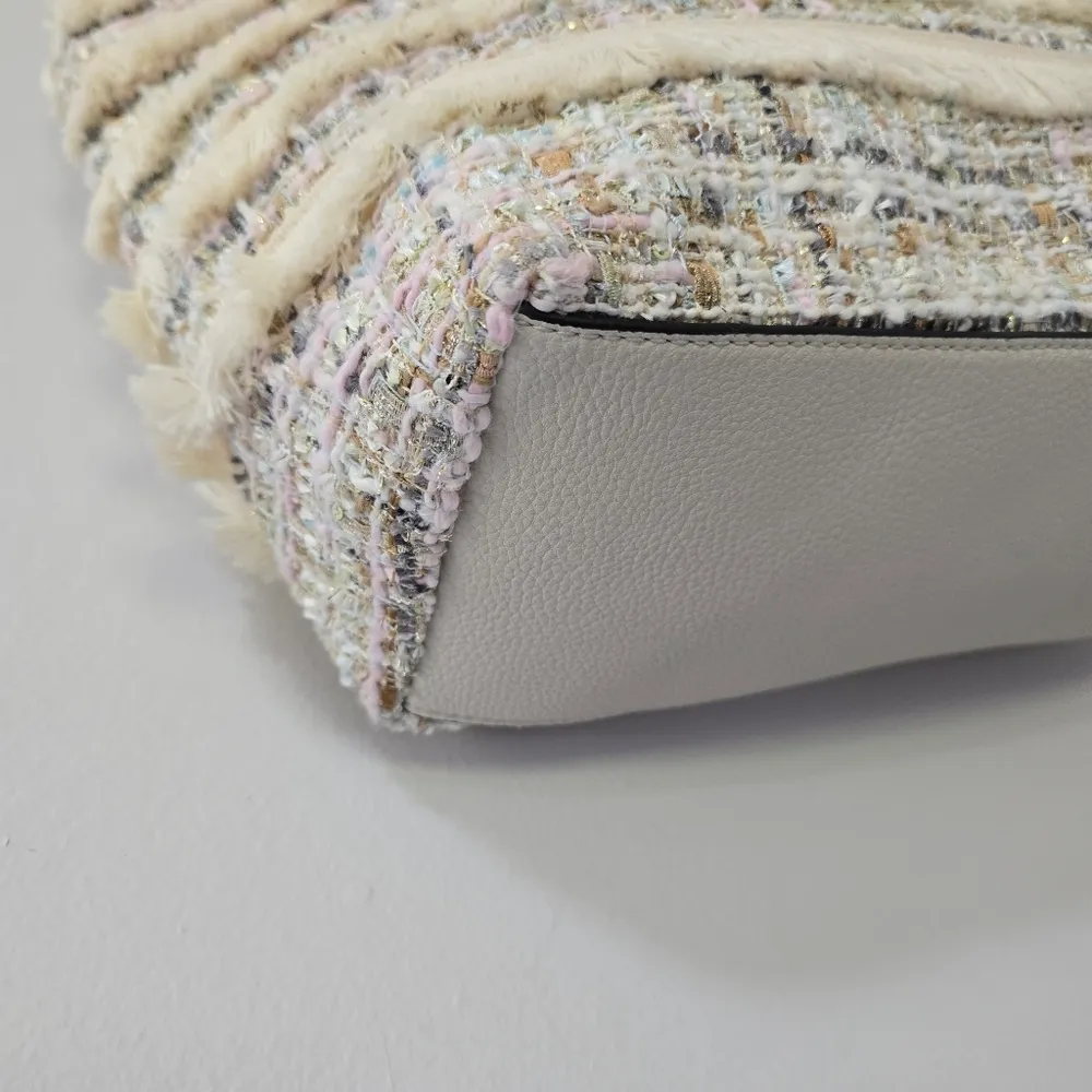 Gianni Bini Tweed Fringe Tote Bag with Gold Chain Straps – Cream Multicolor - Image 4