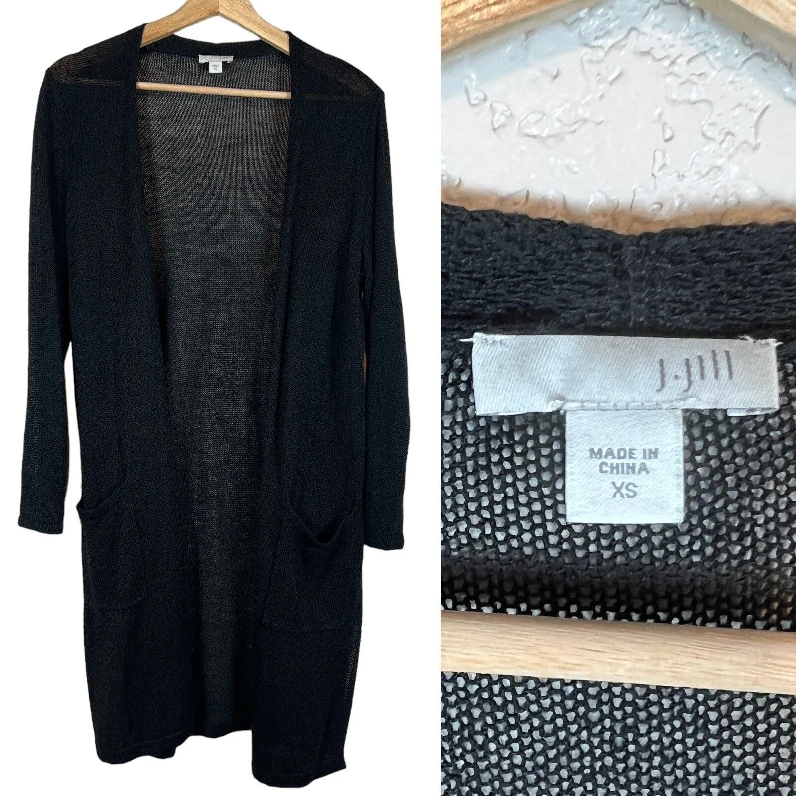 J Jill Womens Linen Blend Duster Cardigan XS Open Front Black Capsule Loose Knit - Image 2