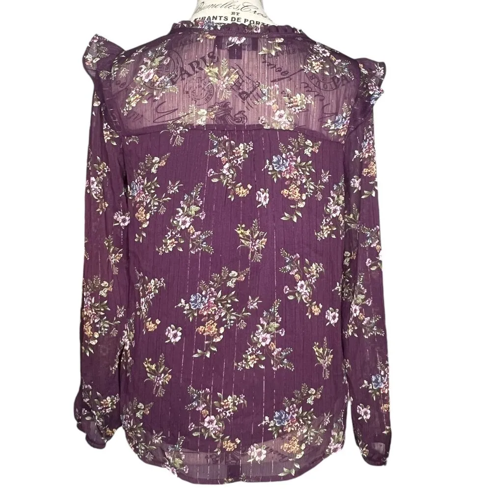 Fortune + Ivy PETITE SMALL Metallic Ruffle Tie Neck Sheer Arm Long Sleeve Blouse - Image 3