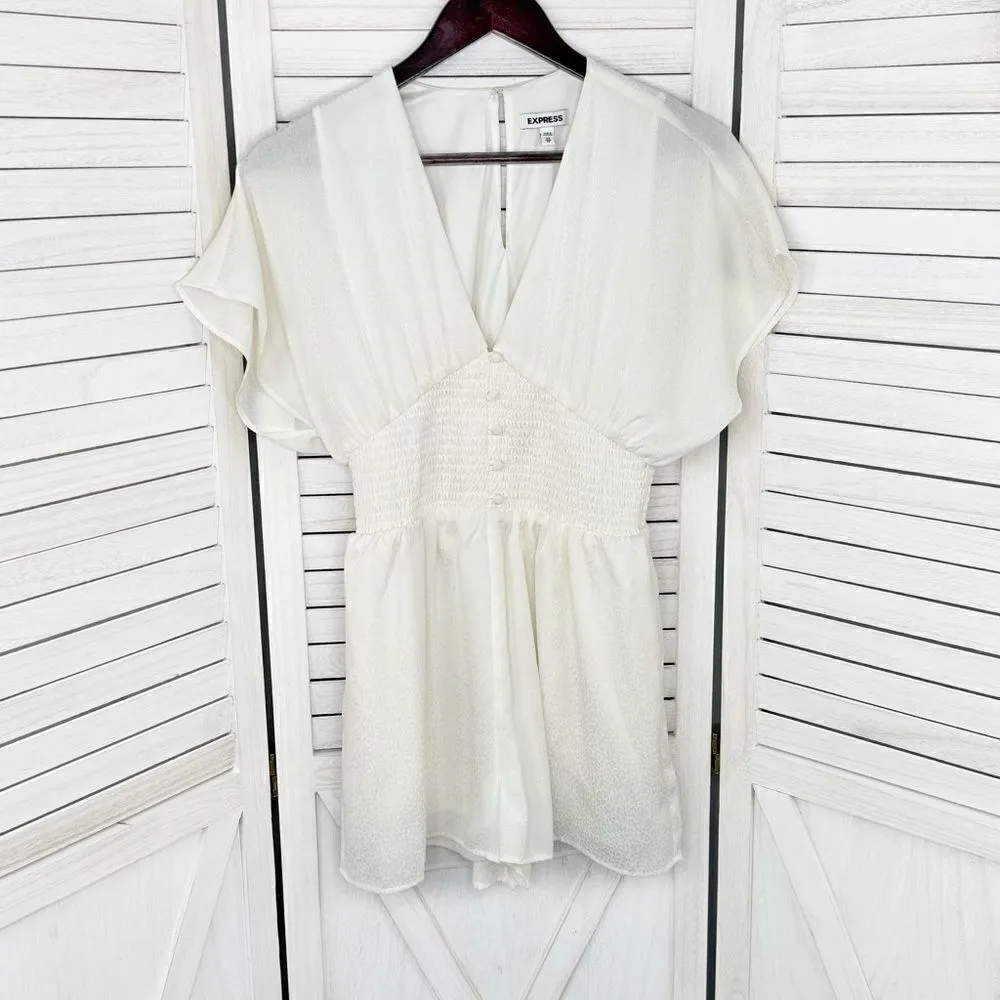 Express Satin Jacquard Smocked Waist V Neck Romper Ivory‎ White XS X Small - Image 9