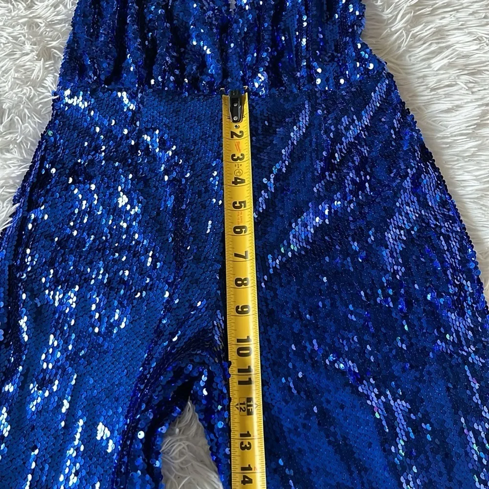 NEW NASTY GAL Womens Petite Sequin Halter Neck Flared Jumpsuit Royal blue size 6 - Image 8