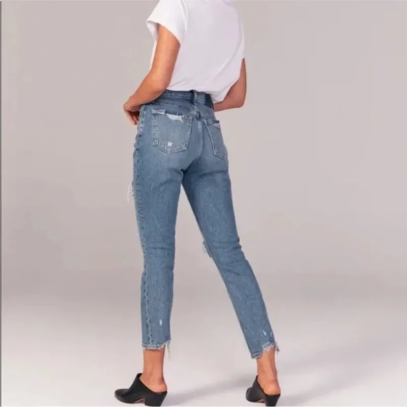 Abercrombie & Fitch The Mom High Rise Distressed Ripped Jeans 4 XShort Y2K Punk - Image 2