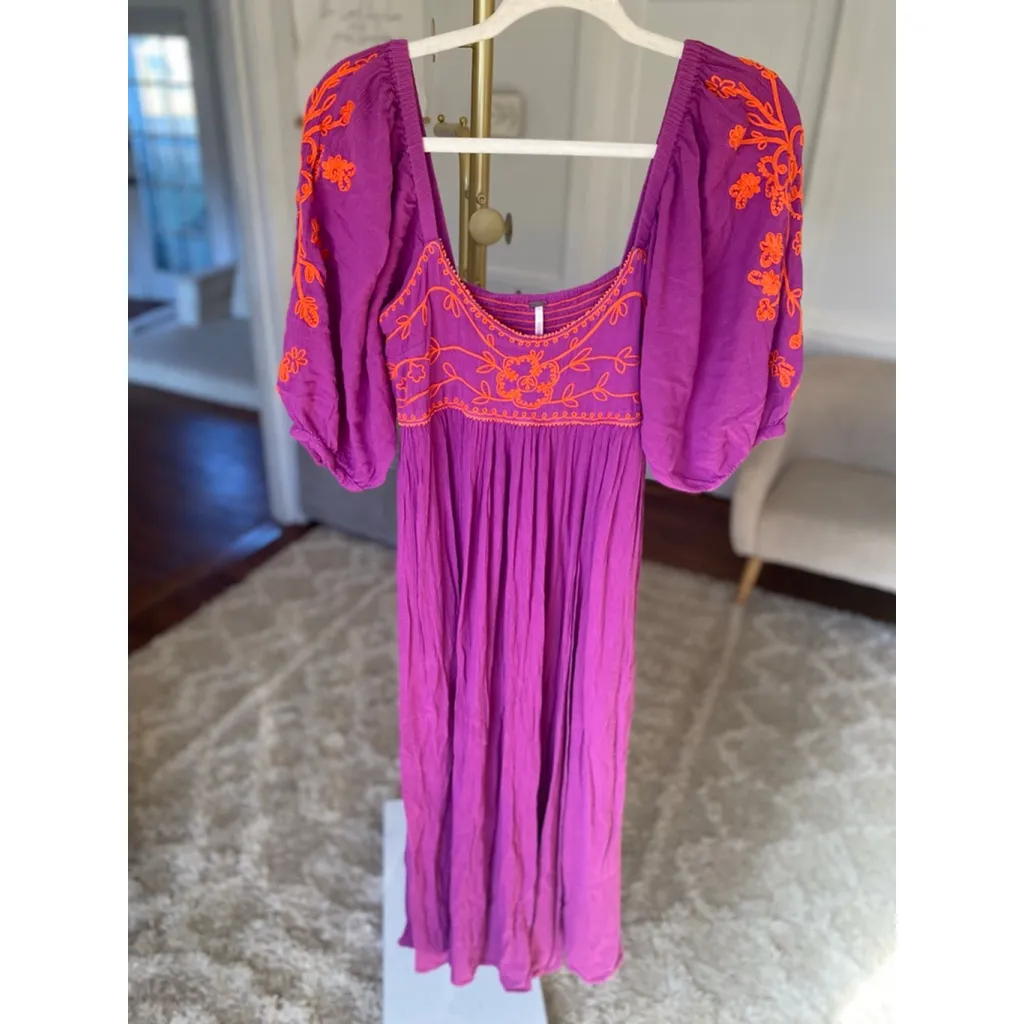 Free People Wedgewood Maxi Dress Embroidered M Boho Magenta Scandi Parisian Soft - Image 2