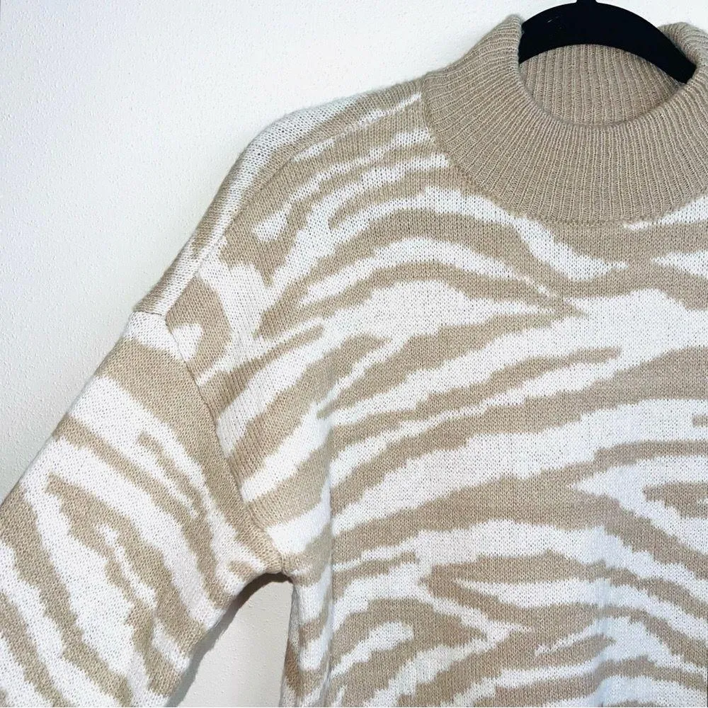 Maurices Cream & Tan Zebra Print High Neck Knit Pullover Sweater - Image 4