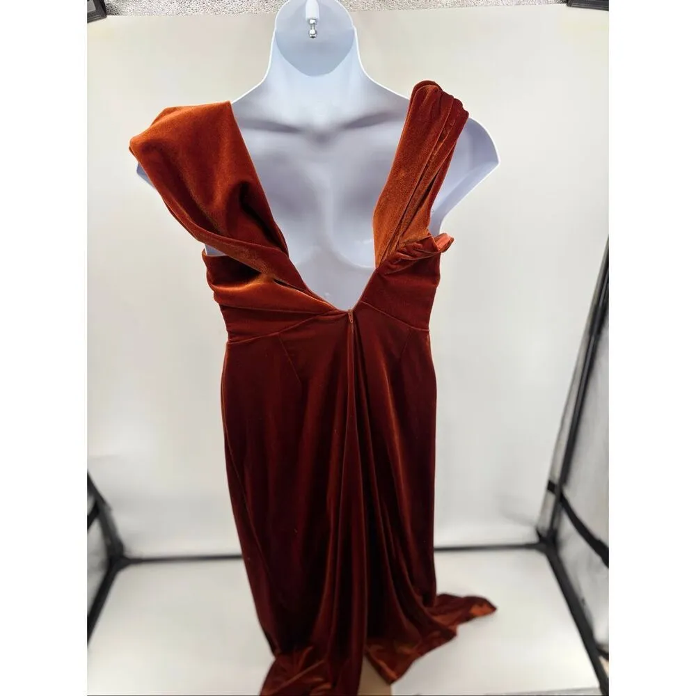 ASOS Rust Velvet Off The Shoulder Wide Leg Jumpsuit Cutout Middle Womens Size 10 - Image 9