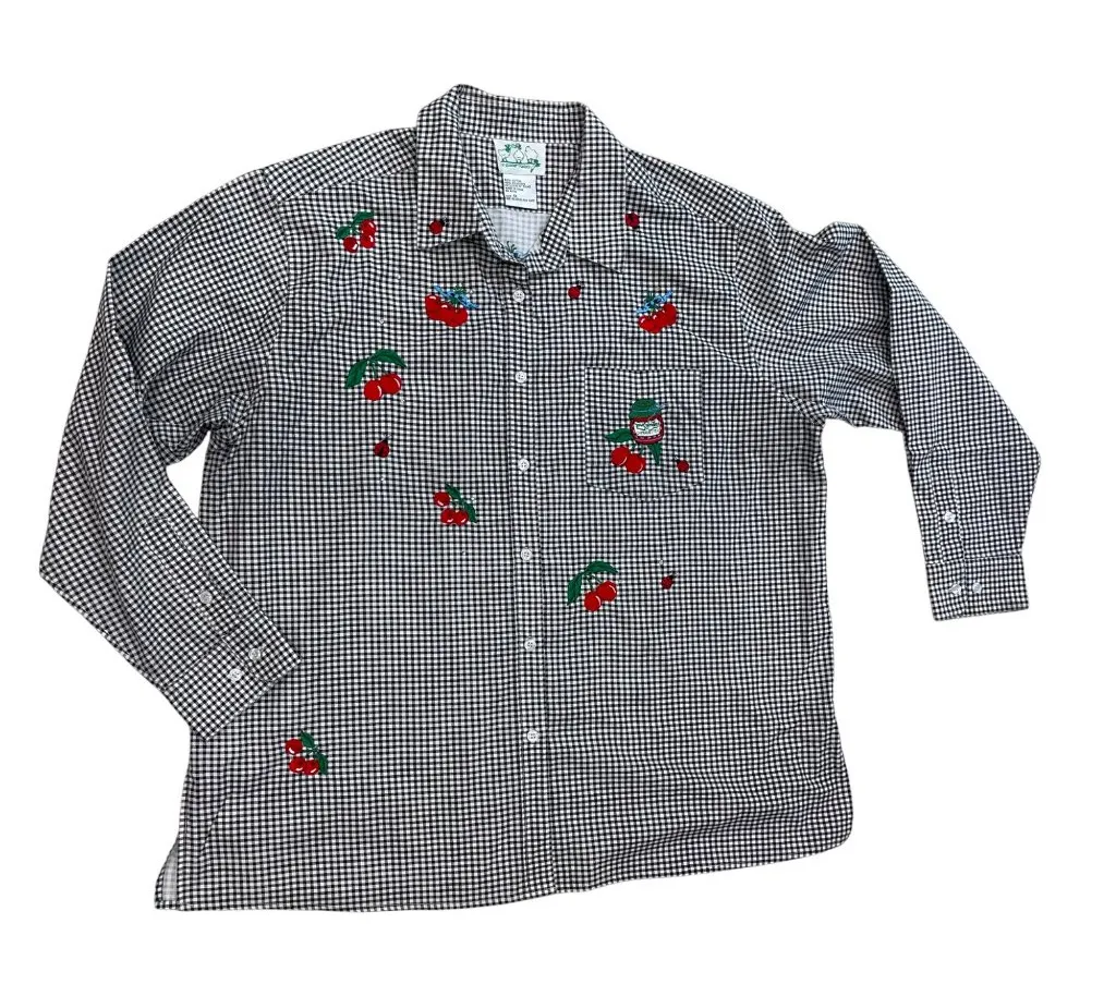 Vintage The Quacker Factory Embroidered Top Women's Plus Size 1X Gingham Cherry Black - Image 1