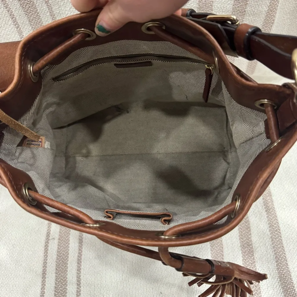 Dooney and Bourke Bucket Handbag, Beige Canvas & Brown Leather, Drawstring - Image 4
