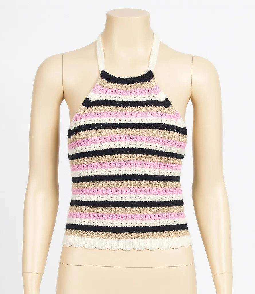Vero Moda Halter Top Striped Crochet Pink Beige Black Festival Casual Medium‎ - Image 1
