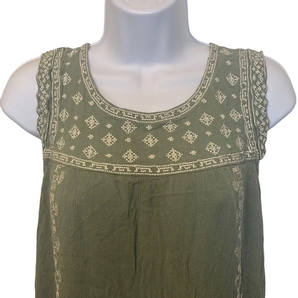 EUC Green Embroidered Boho Sleeveless Tunic Dress Sz S - Image 2