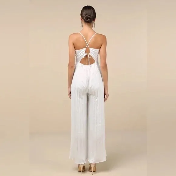 Lulus‎ Memorably Sophisticated White Satin Pleated Backless Jumpsuit Size XS - Image 8