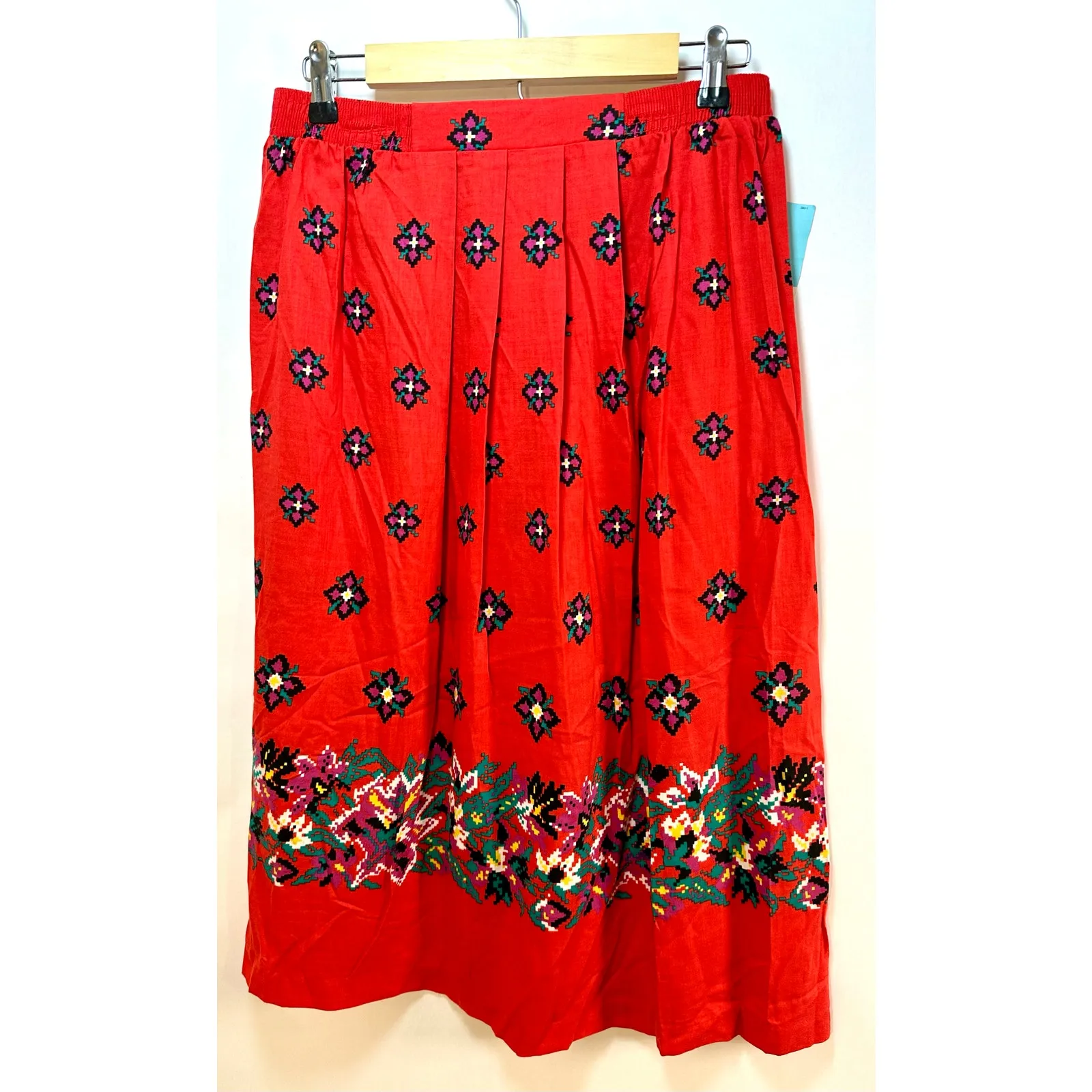 VTG Size Large Midi Geometric Indie Folk Art to Wear Western Skirt Pleated Red - Image 5