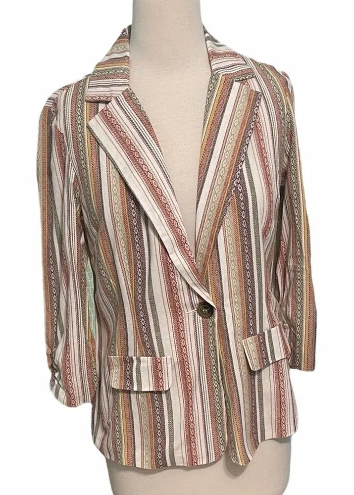 Soho Apparel Striped Linen One Button Ruched Sleeve Blazer White Orange Medium - Image 1