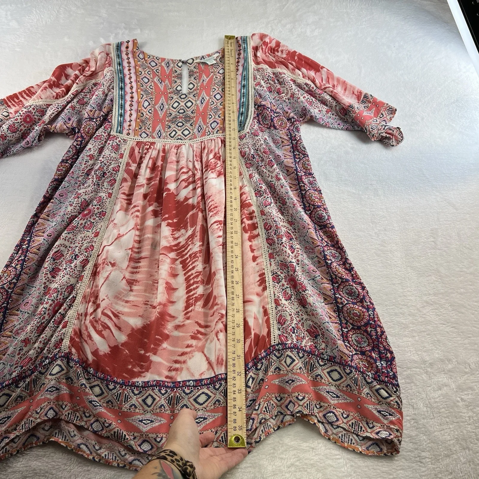 Sundance L Large Avignon Terraza Floral Dress Patchwork Bohemian Keyhole Boho Pink - Image 9