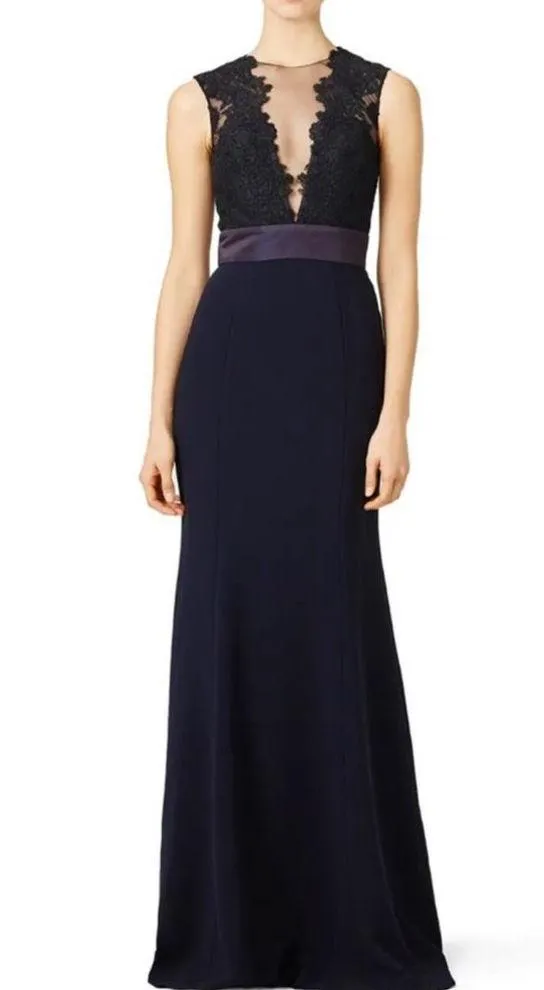 Theia Women's Blue Dramatic Lace Neck Formal Evening Deep Midnight Gown Size 4 - Image 5