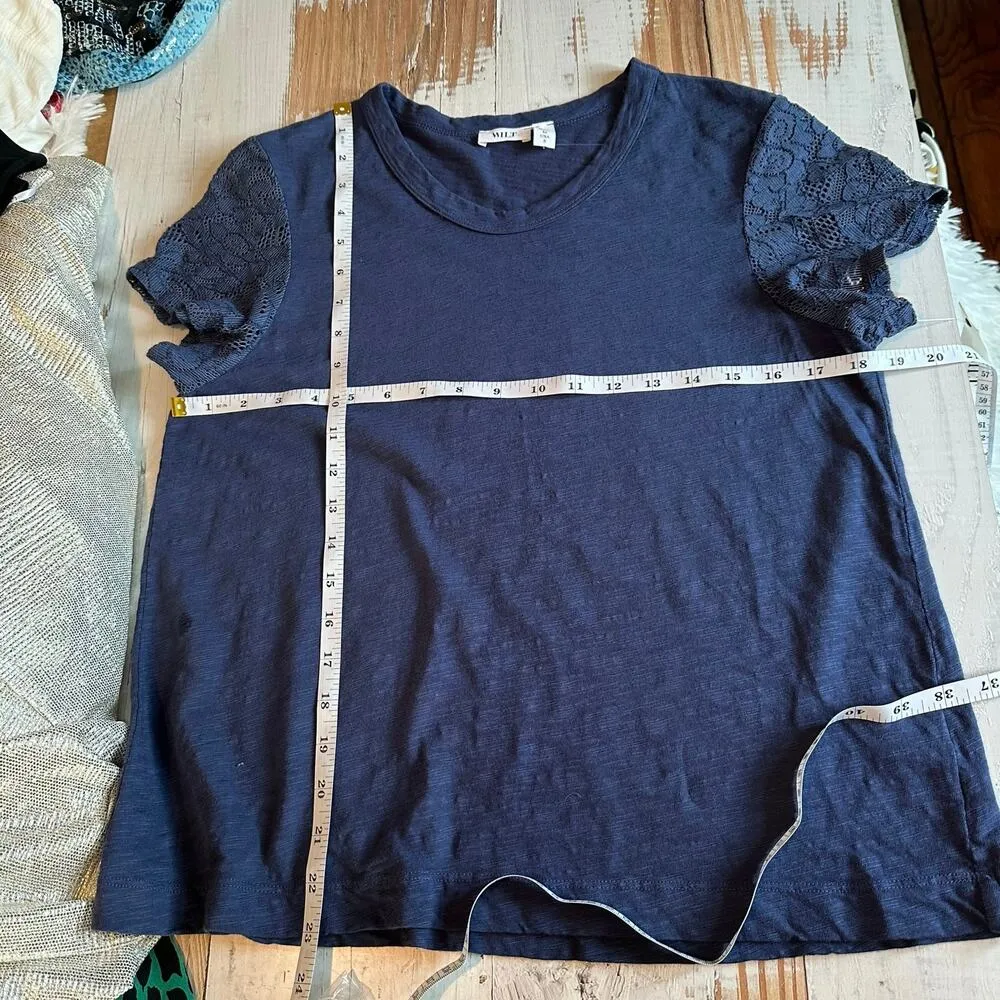 WILT Shrunken Crew Tee with Lace Sleeves Slub 100% Cotton Small Blue - Image 8