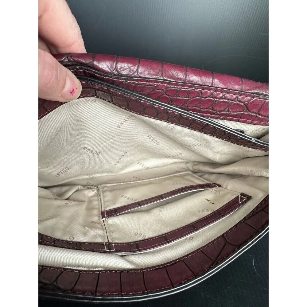 GUESS Handbag Shoulder Bag Y2K Purse Plum Alligator Skin Style Silver Chain - Image 5