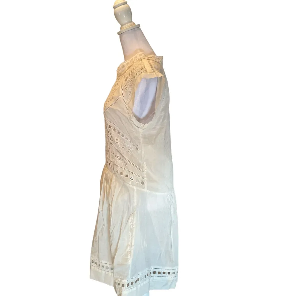 Off-White Eyelet Sheer Lightweight Knee Length Short Sleeve Dress L - Image 3