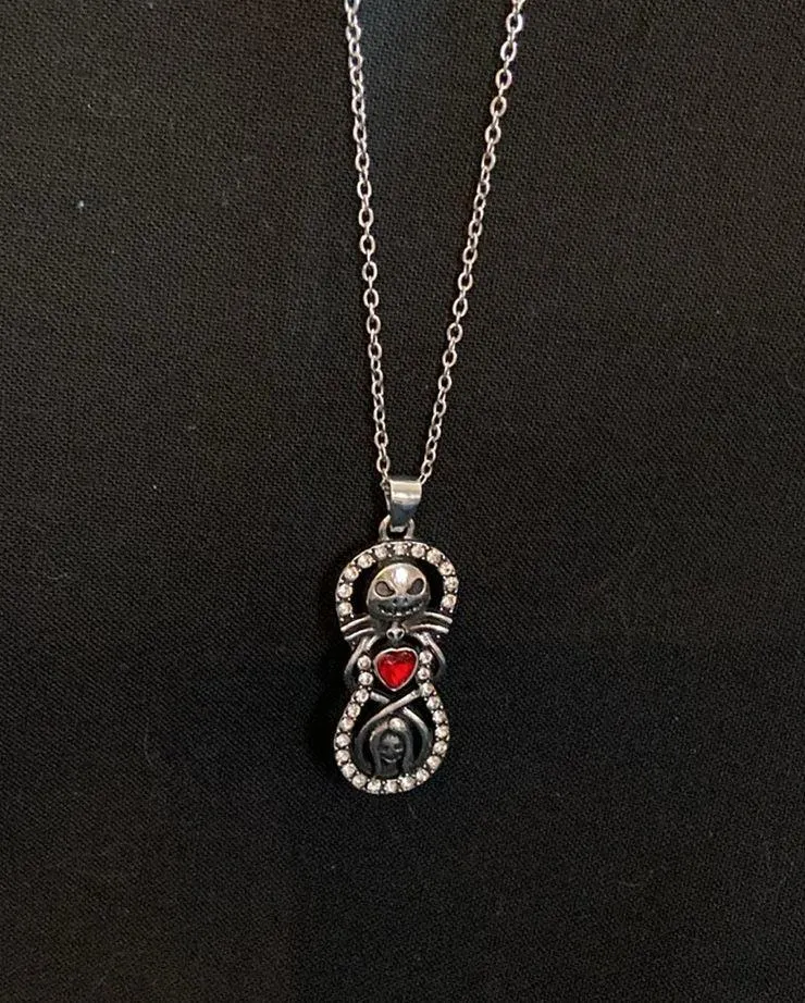 Nightmare Before Christmas Jack and Sally Necklace with Red stone. 18” Long. - Image 2