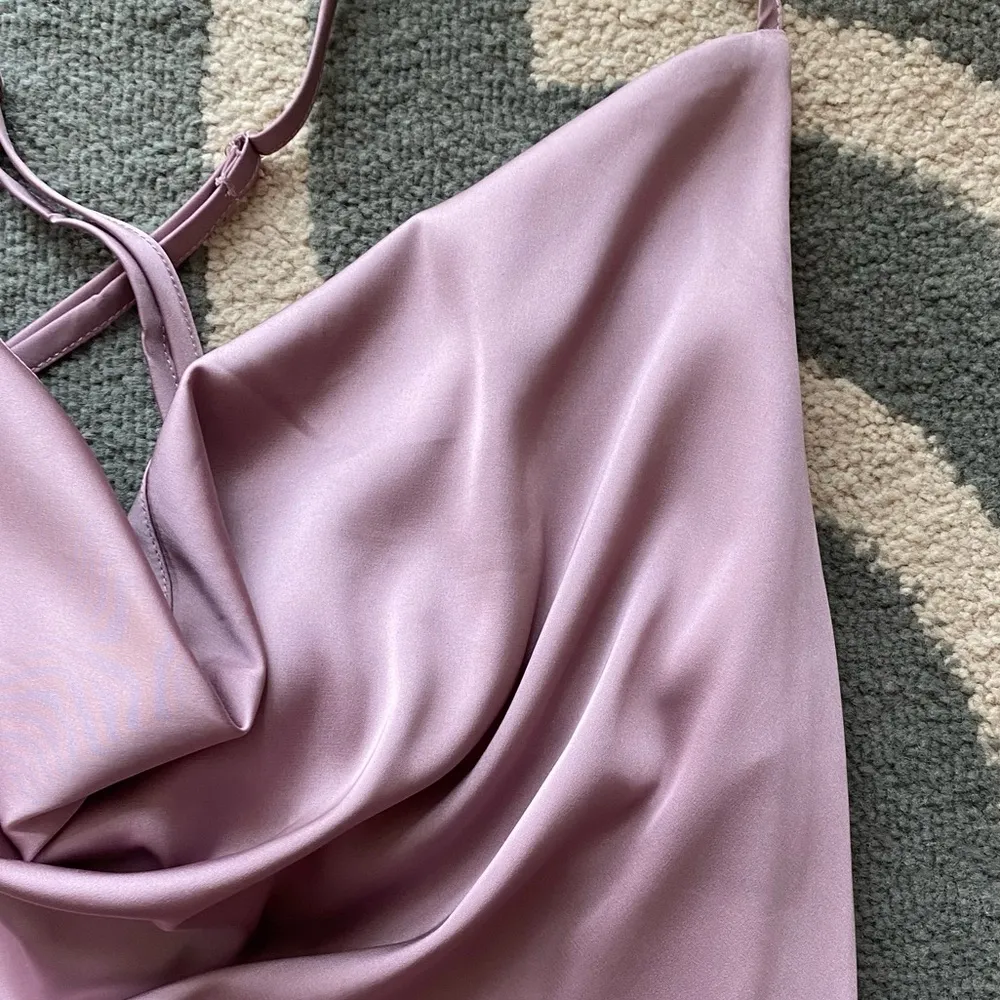 Lilac Ruched Satin Cowl Neck Dress, Size 6 - Image 5