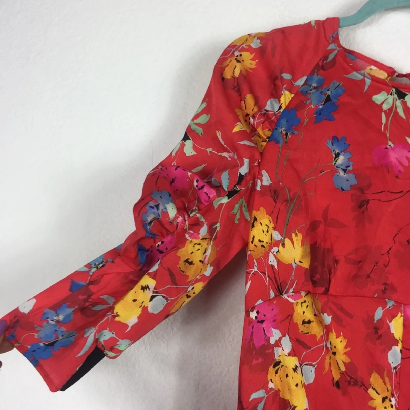 NWT Zara Satin Romper Small Red Japanese Floral Ruffle Puff Sleeve Ruched - Image 13