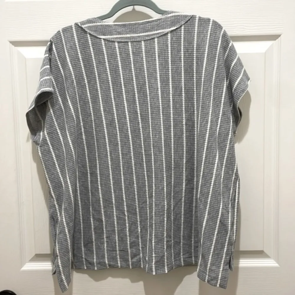 Final Touch Gray & White Stripes Waffle Knit V-Neck Top - Image 2