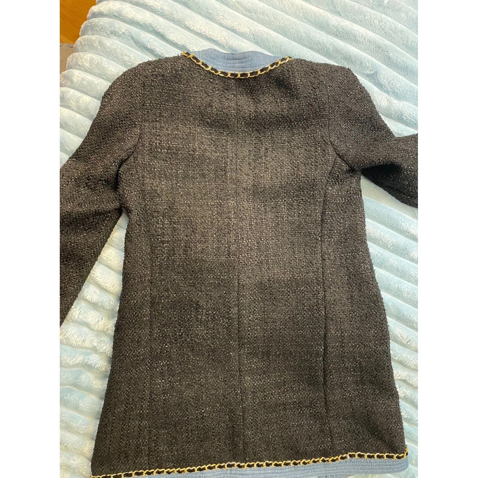 EDWARD ACHOUR PARIS Tweed Chain Trim Blazer Light Blue Trim Gold Buttons size S Brown - Image 8