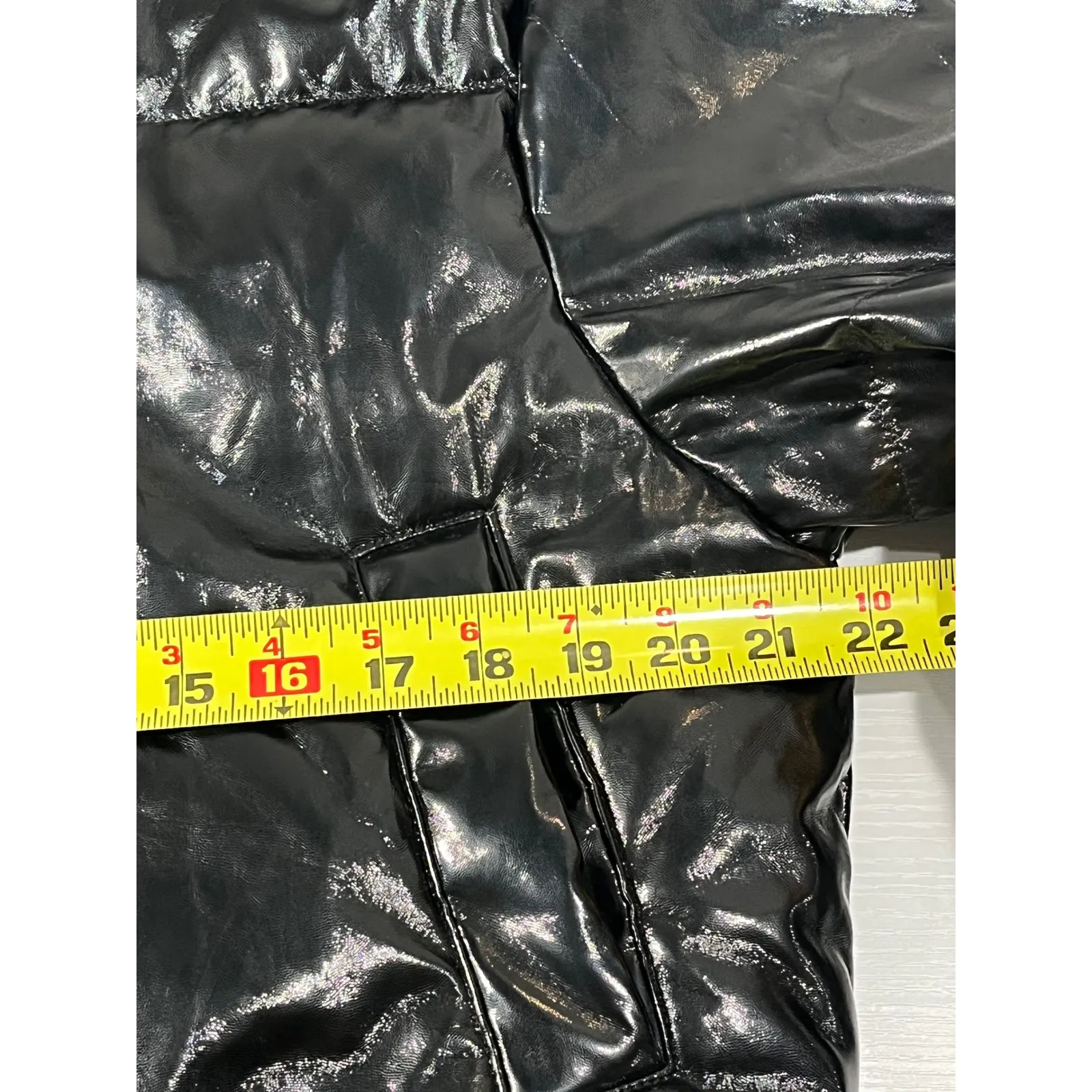 WISHFUL THINKING Black Patent Shiny Puffer Jacket High Neck Zip Front Womens M - Image 10