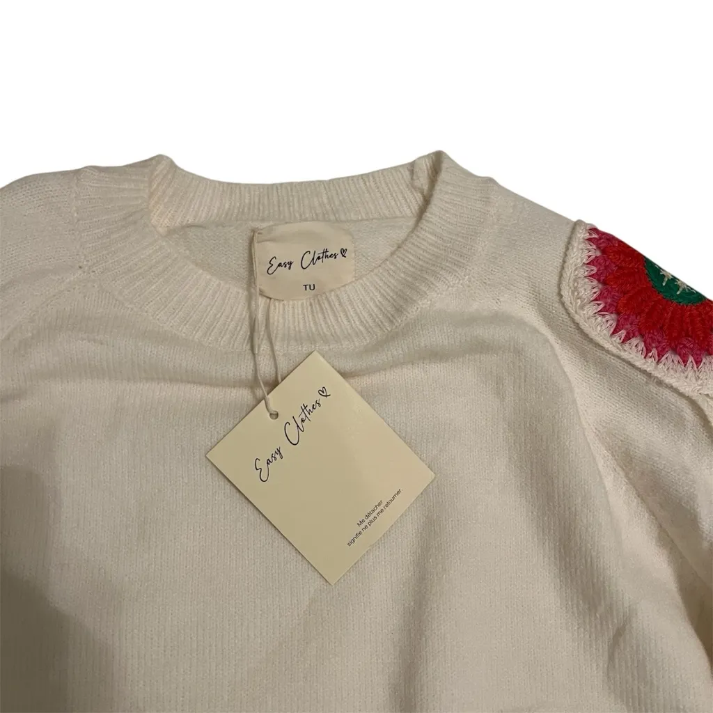 Easy Clothes Cream Embroidered Color Patchwork Fringe Knit Sweater Small Medium Pink - Image 2