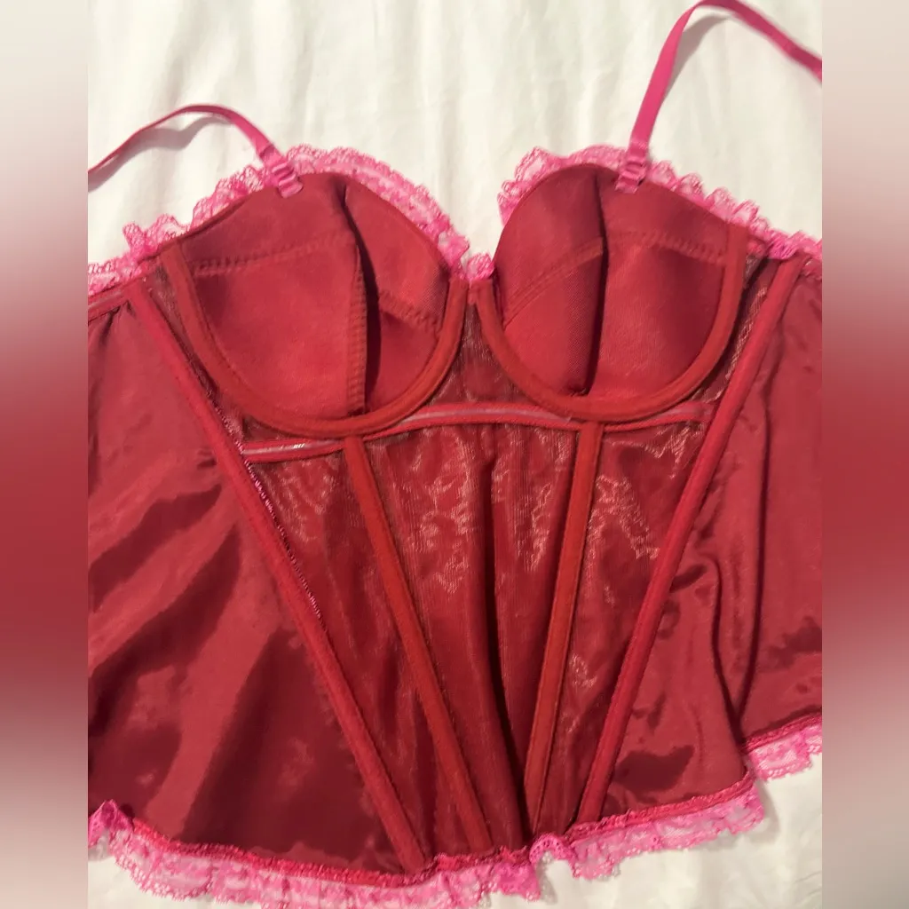 Red Satin Corset Heart Top with Pink Lace Trim Size L - Image 7