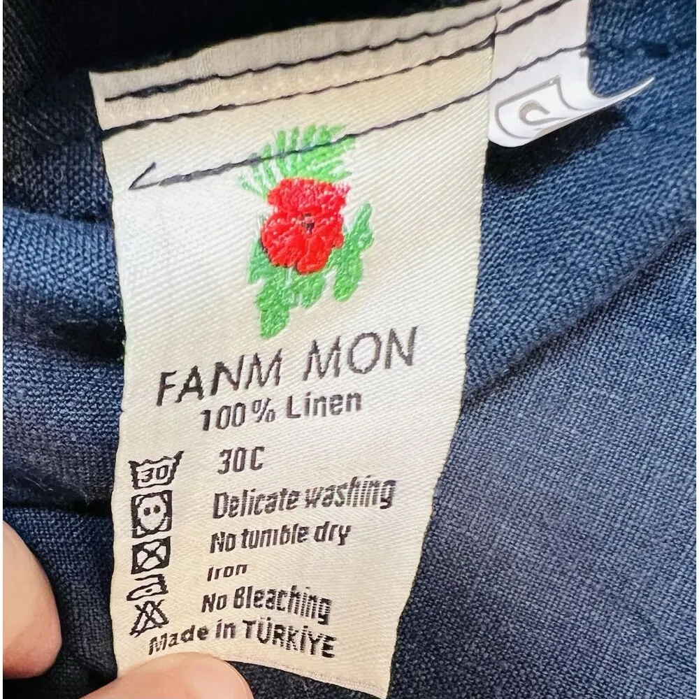 Fanm Mon Brodere Linen Mini Skirt Small Indigo Blue Floral Embroidery Pockets - Image 7