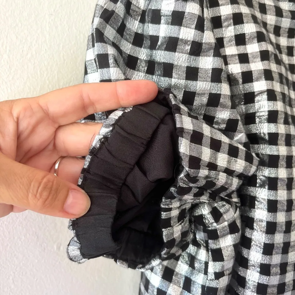 J.Crew Sz M Gingham Metallic Puff Sleeve Blouse‎ Top Lined Round Neck Pullover - Image 6