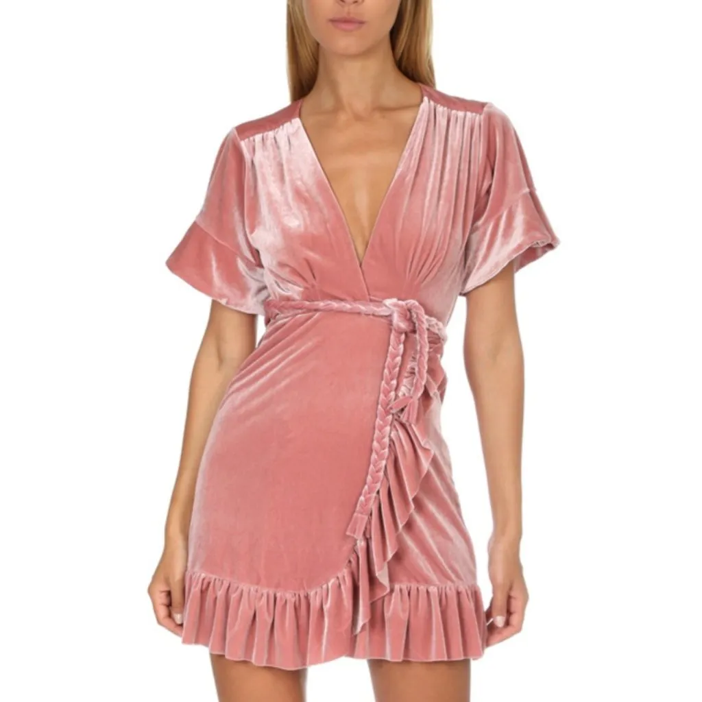 NWT Misa Los Angeles Desma Crushed Velvet Wrap Dress Pink Medium - Image 6