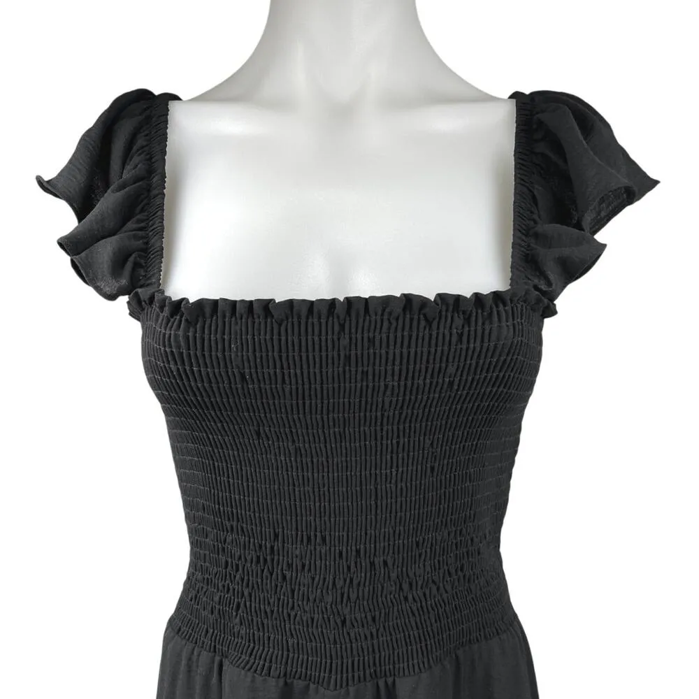 Veronica M Black Flutter Sleeve Smocked Square Neck Wide Leg Romper Jumpsuit L - Image 3