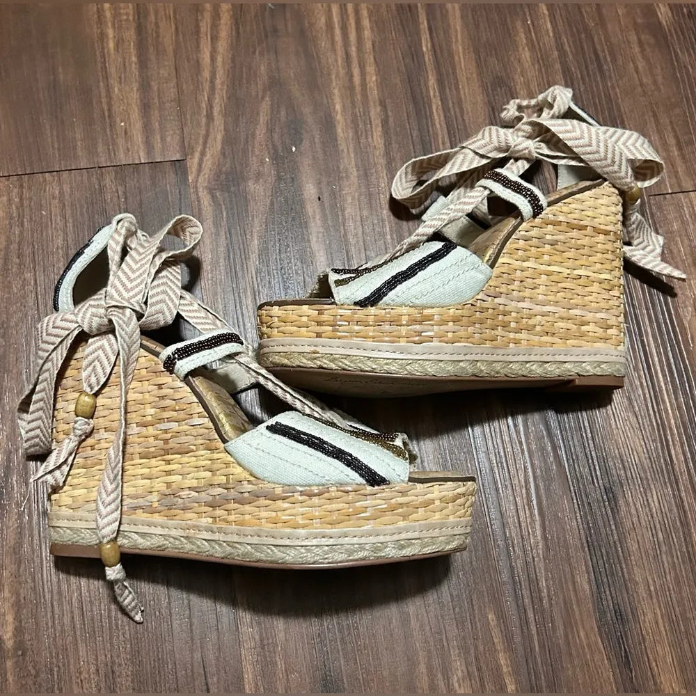 Sam Edelman Trey Metallic Cream Canvas Espadrilles Wedge Sandals | Size: 9.5 - Image 2