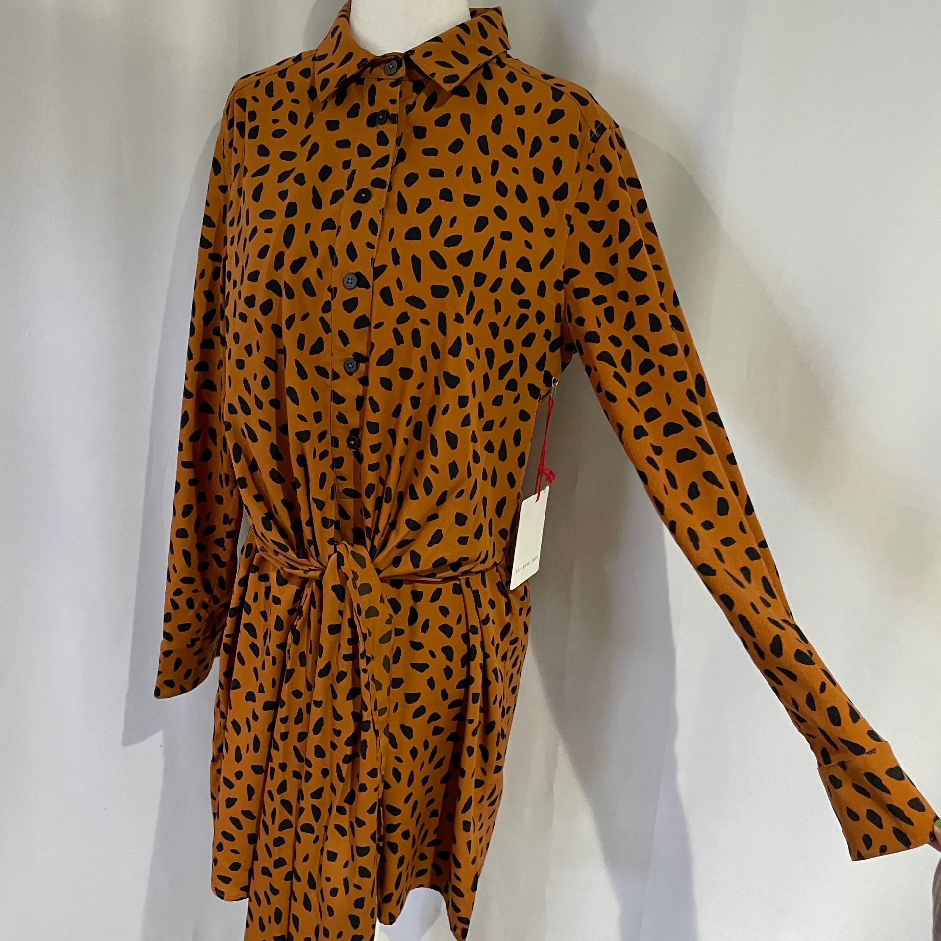 New  Tie Front Button Down Shirtdress Animal Print Long Sleeve Mini - Image 11