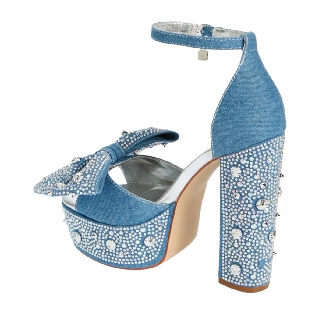 NEW Azalea Wang Chalini Denim Rhinestone Embellished Platform Sandals Shoes 8.5 Blue - Image 5