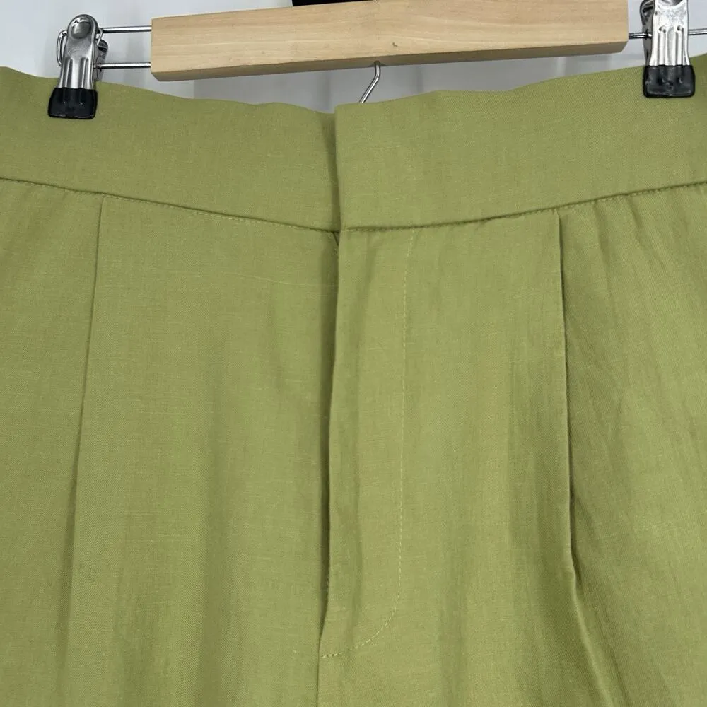 Zara Green High Waisted Pleated Shorts Green Linen Blend Pockets Size M - Image 3