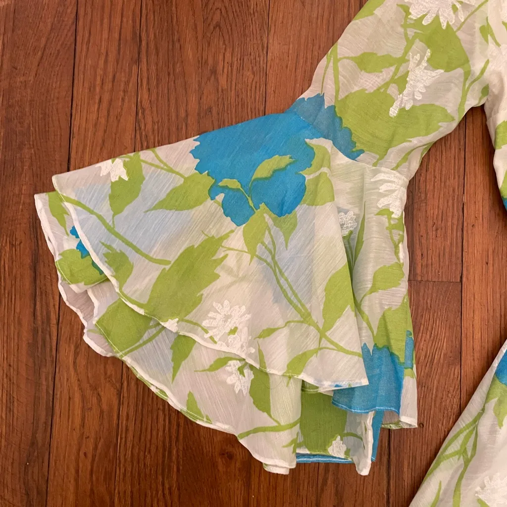 Vintage Handmade Romantic Maxi Dress Ruffle Neck Bell Sleeves Bird Appliqué ~M Blue Size M - Image 8