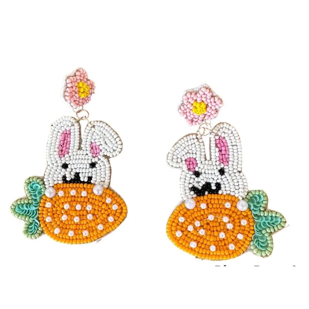 New Easter Bunny Earrings Handmade Beaded Rabbit Carrot Dangle Posts Em… - Image 7