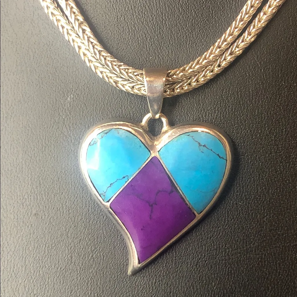 TAXCO Sterling Silver Inlaid Heart Pendant & LORI BONN 925 Double Chain Necklace Blue - Image 12