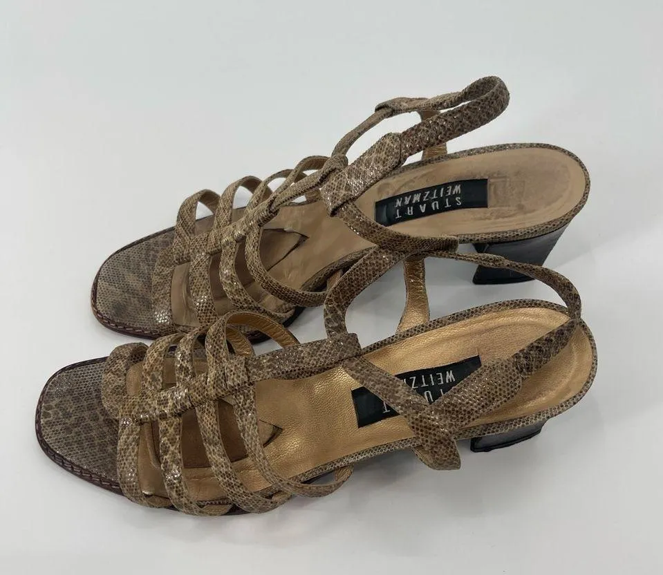 STUART WEITZMAN ZIP UP GLADIATOR HEELED SANDLES FAUX BEIGE SNAKE LEATHER size 9 - Image 2