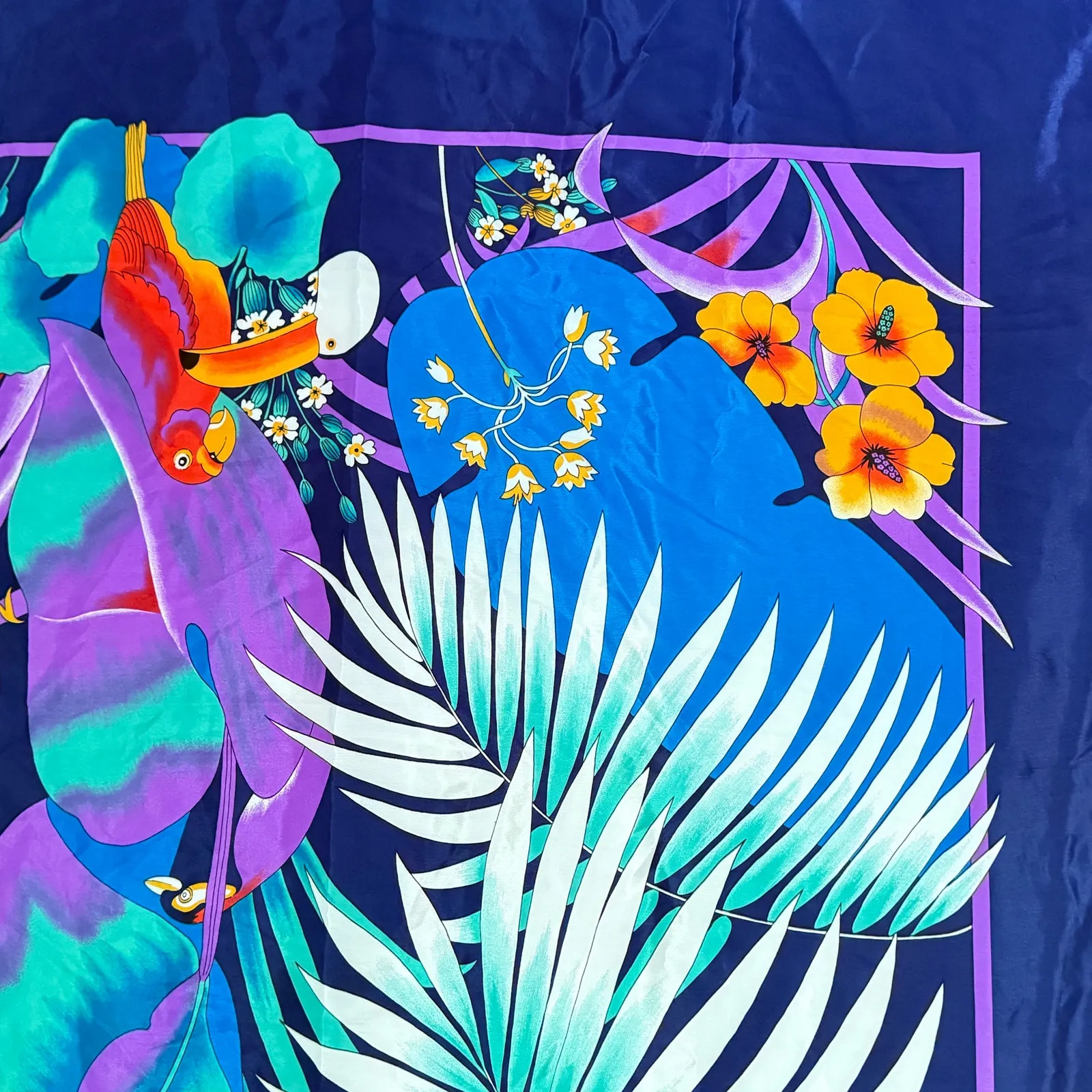 Vintage 90s Square Tropical Leaf Parrot Scarf Wrap Tropical Summer‎ 36" x 43" Blue - Image 4