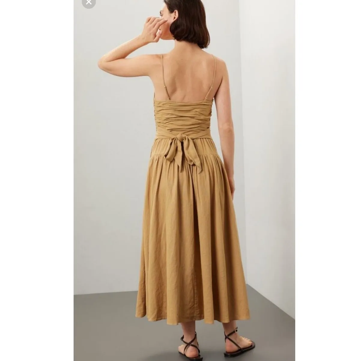 TOCCIN Women's Brown Khaki Square Neck Ruched Bodice Tie Waist Midi Dress Size 8 - Image 2