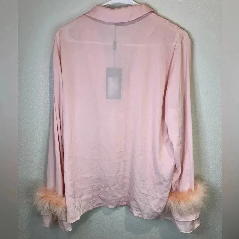 JAYLEY Pink Awilix Day to Night Feather Trim Silk Sleep Trim Long Sleeve Blouse‎ Size undefined - Image 7