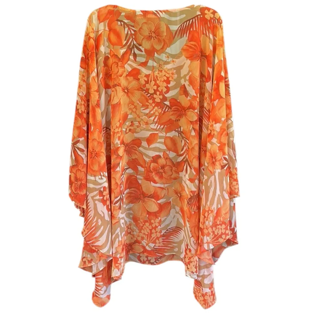 Like New Susan Graver Top / Swim Cover-Up Orange Floral Gold Sequin V Neck 3X - Image 7