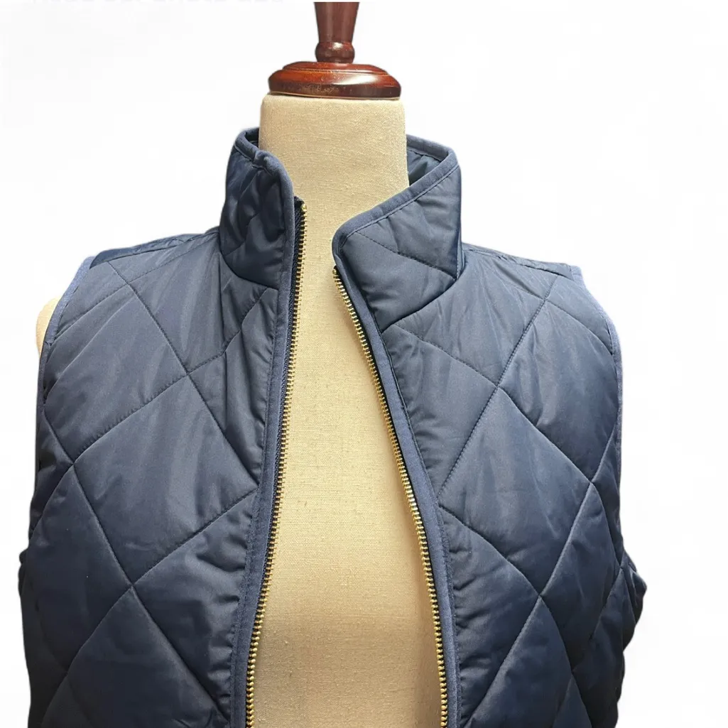 J.Crew Womens S Navy Blue Puffer Zip Up Vest Gingham Print Snap Buttons Preppy - Image 4