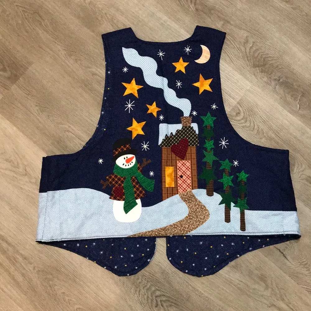 Snowman Star Winter Christmas Vest Blue Teacher Cabin Holiday Kitsch Size XL - Image 5