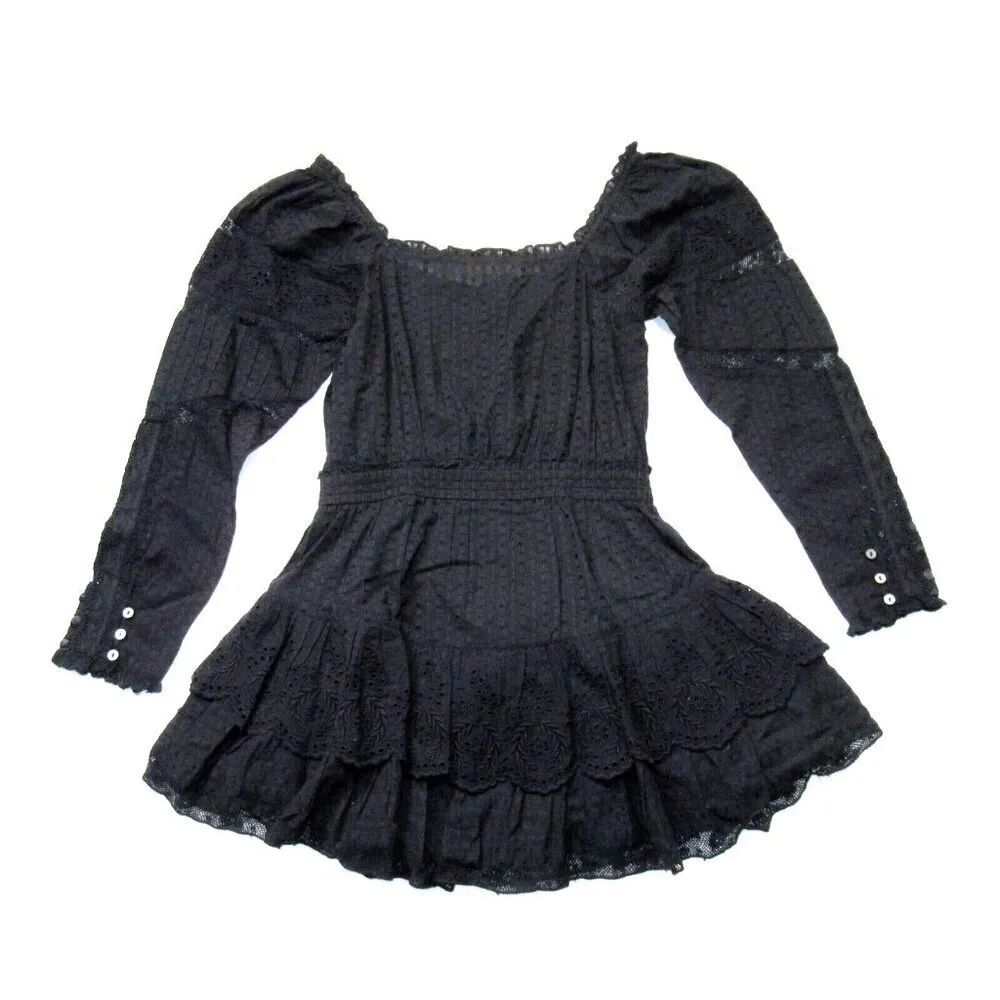 NWT LoveShackFancy Sanaya Mini in Black Ribbon & Eyelet Trim Cotton Dress L - Image 11