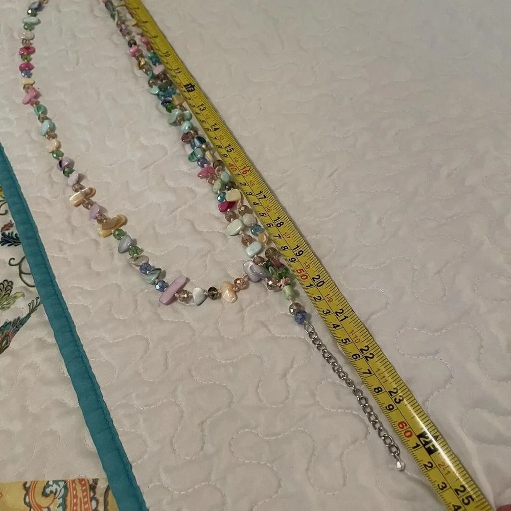 Spring Easter Costume Necklace Beaded Blue Pink Yellow Shell Stone Multi Strand - Image 9