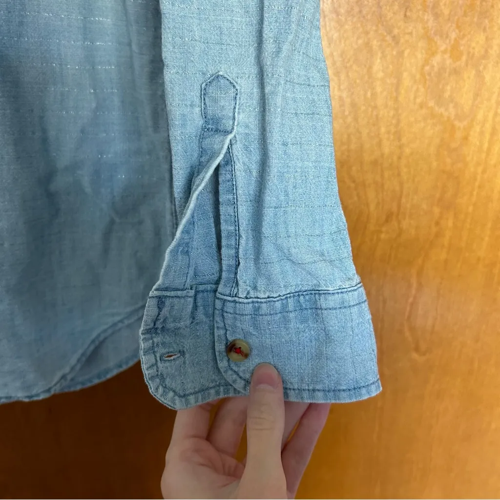 Anthropologie Maeve Boise Embroidered Patch Pocket Chambray Button Down Shirt - Image 4